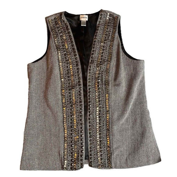 Chico's Tweed Gray with Gold and Silver Beaded Vest, Size 1 (8/10) - Picture 1 of 8